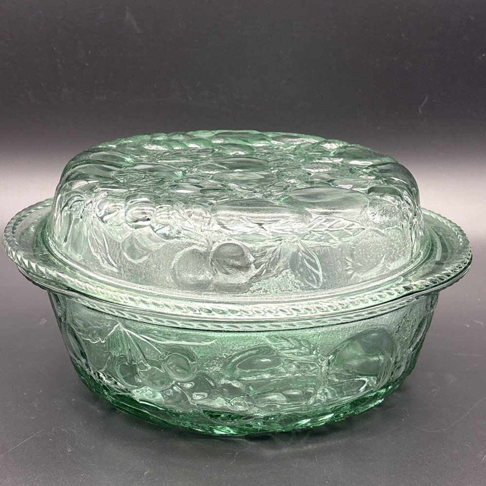 Vintage Libbey Orchard Fruit Green Glass 3-Quart Covered Casserole Ovenproof